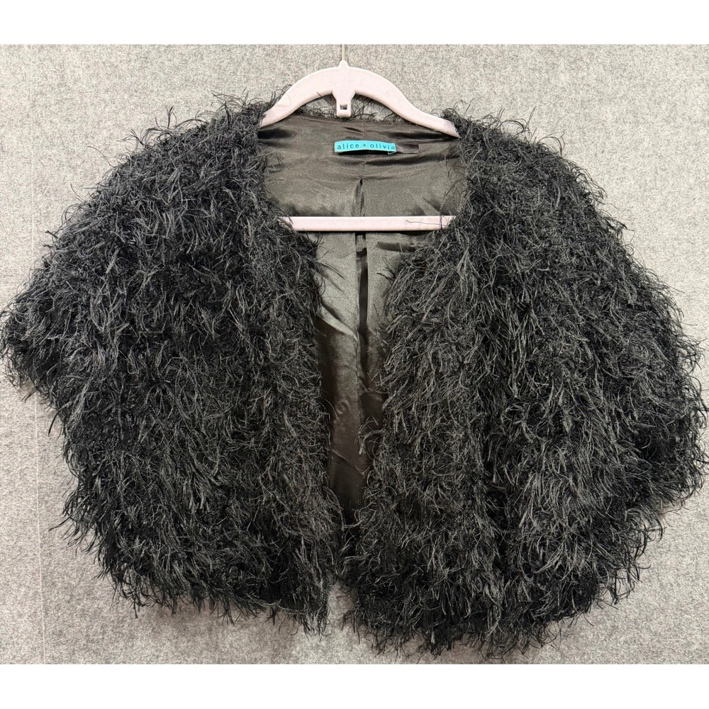 Alice + Olivia Shag Feather Capelet Jacket Shrug Black Open Front Size M/M